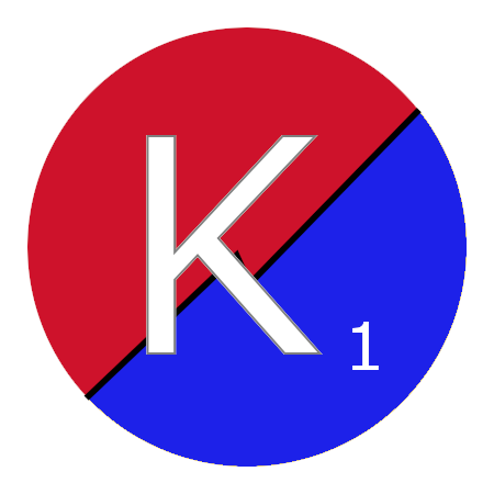 half red and half blue circle with the letter K followed by the number 1 inside